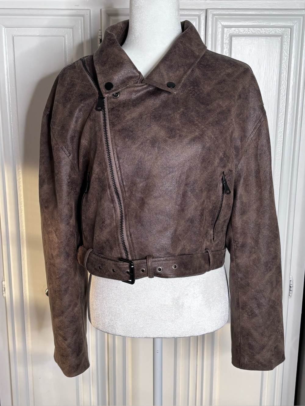 Lioness Brown Distressed Moto Biker Jacket Belted Size S